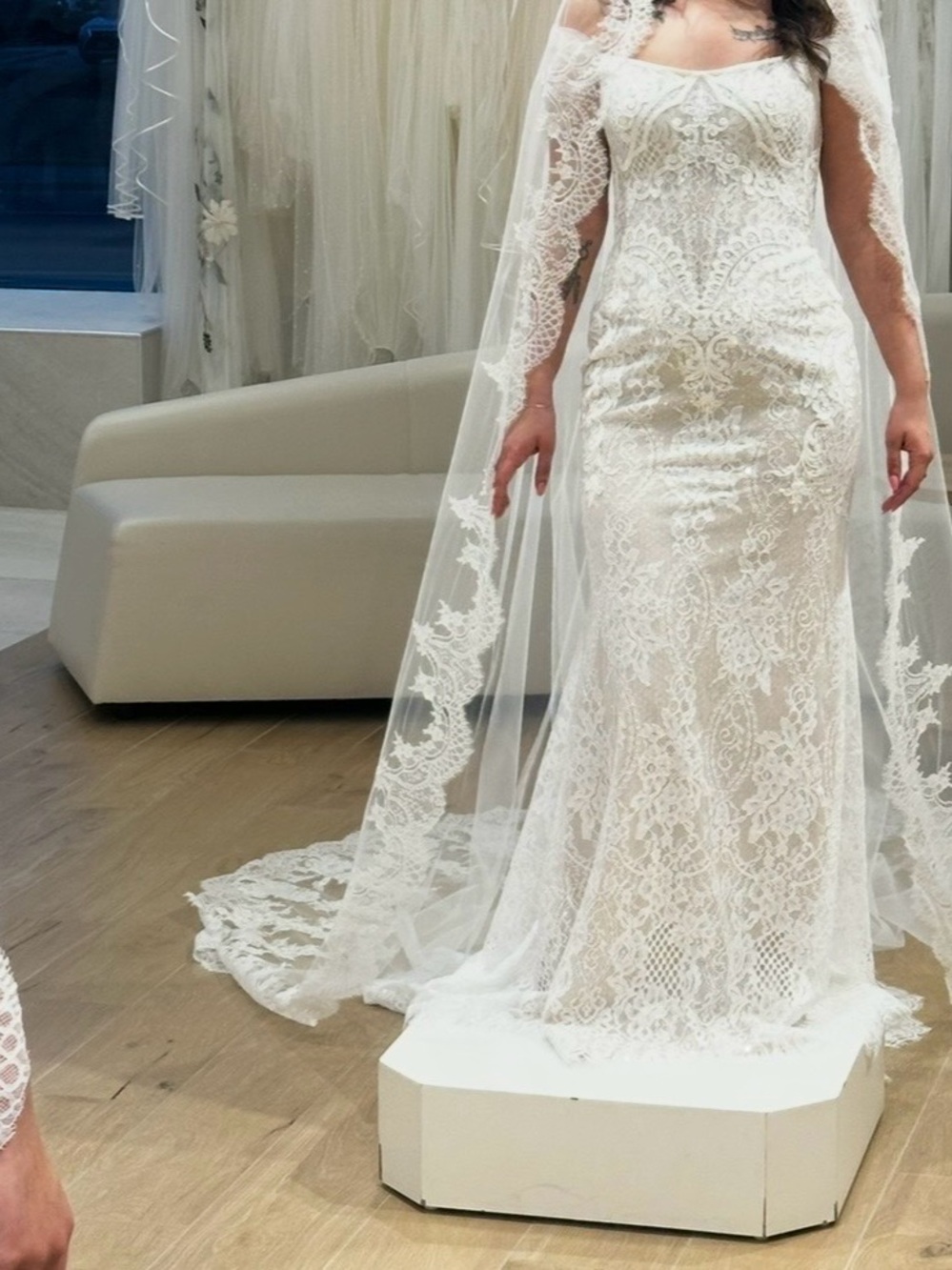MillaNova Ivory Lace Sheath Wedding Dress with Cathedral Veil